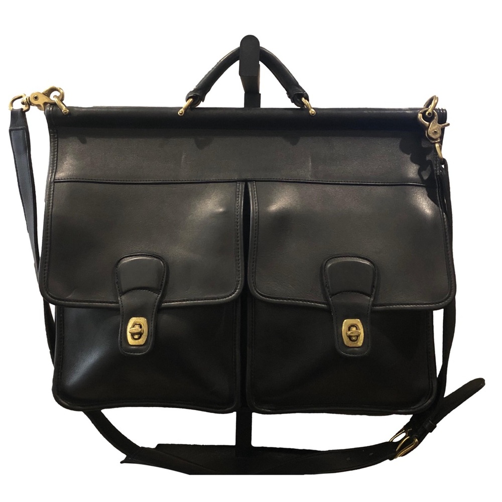 Vintage COACH Kensington Black Leather Briefcase with Dual Front Pockets Strap